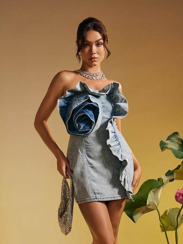 Allegra Strapless Flower Denim Mini Dress