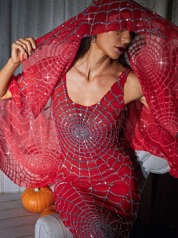 Allisa Cobweb Sequin Veil In Red - Mew Mews