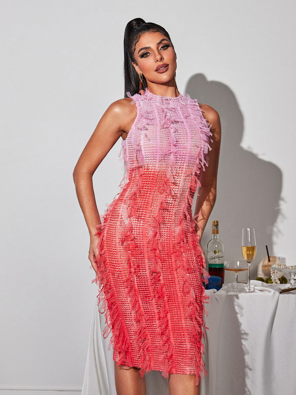 Arlo Ombre Fringe Midi Dress In Pink