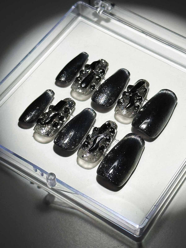 Black Cat Eye Crystal Handmade Press On Nails - Mew Mews Fashion