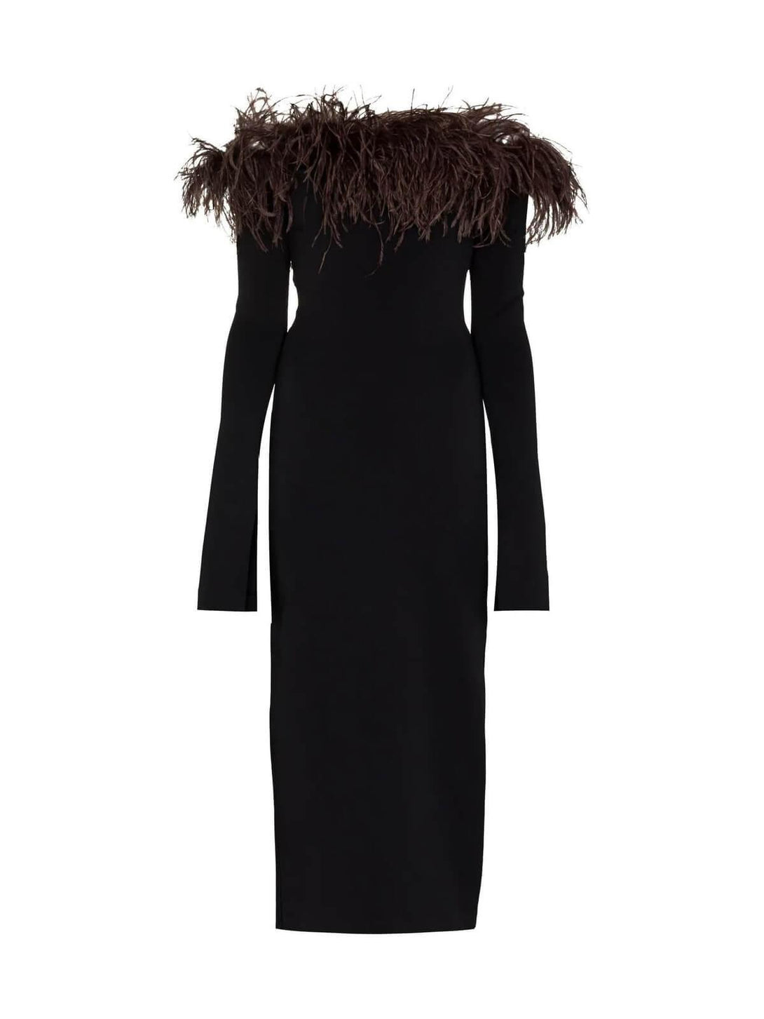 Blanche Off Shoulder Feather Trimmed Midi Dress In Black - Mew Mews