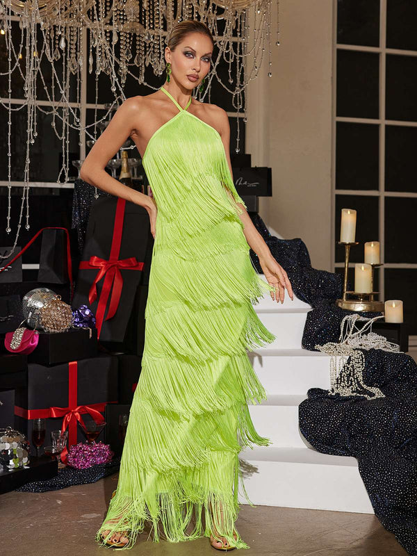 Bluma Halterneck Fringe Tiered Maxi Dress In Green