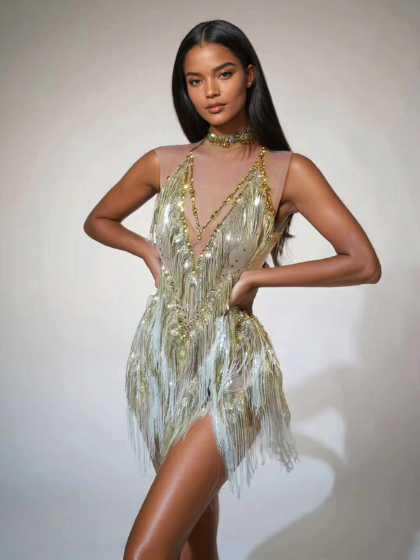 Buggan Rhinestone Fringe Mesh Mini Dress In Gold