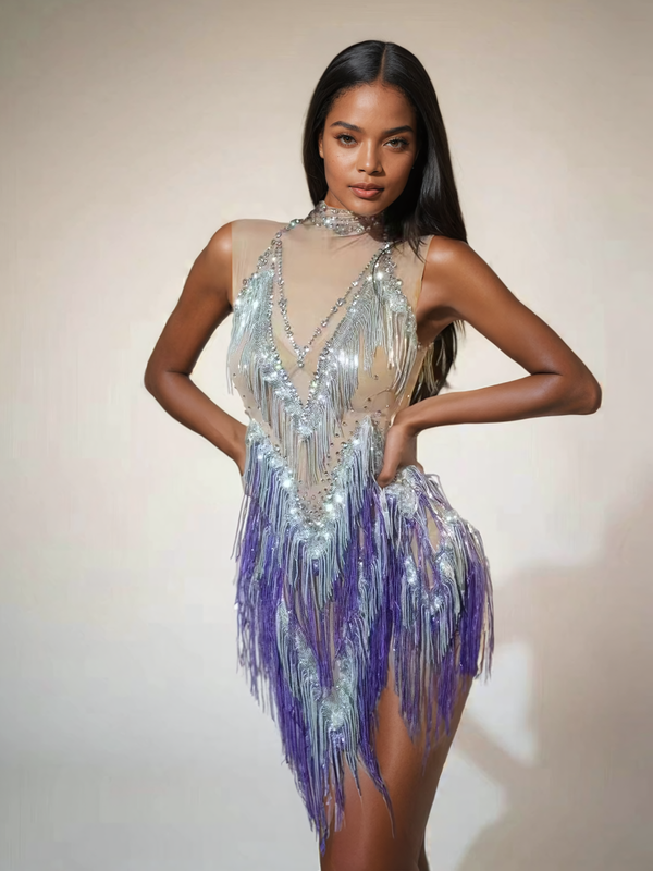 Buggan Rhinestone Fringe Mesh Mini Dress In Purple