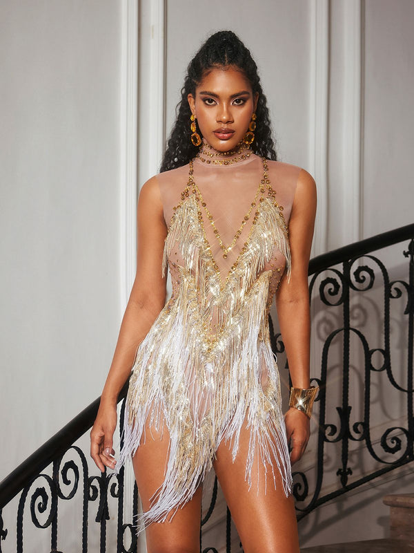 Buggan Rhinestone Fringe Mesh Mini Dress In Gold