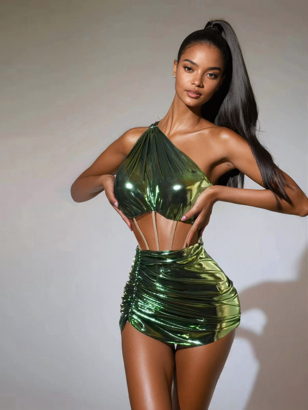 Cindia One Shoulder Corset Ruched Skirt Sets In Green