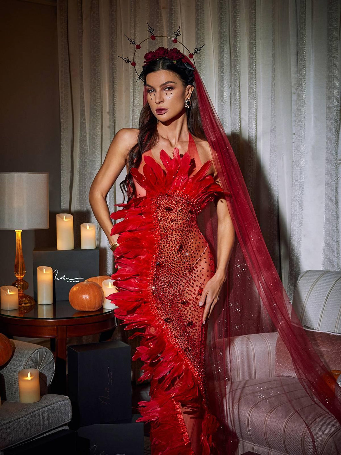 Circe Embellished Mesh Feather Maxi Dress In Red - Mew Mews