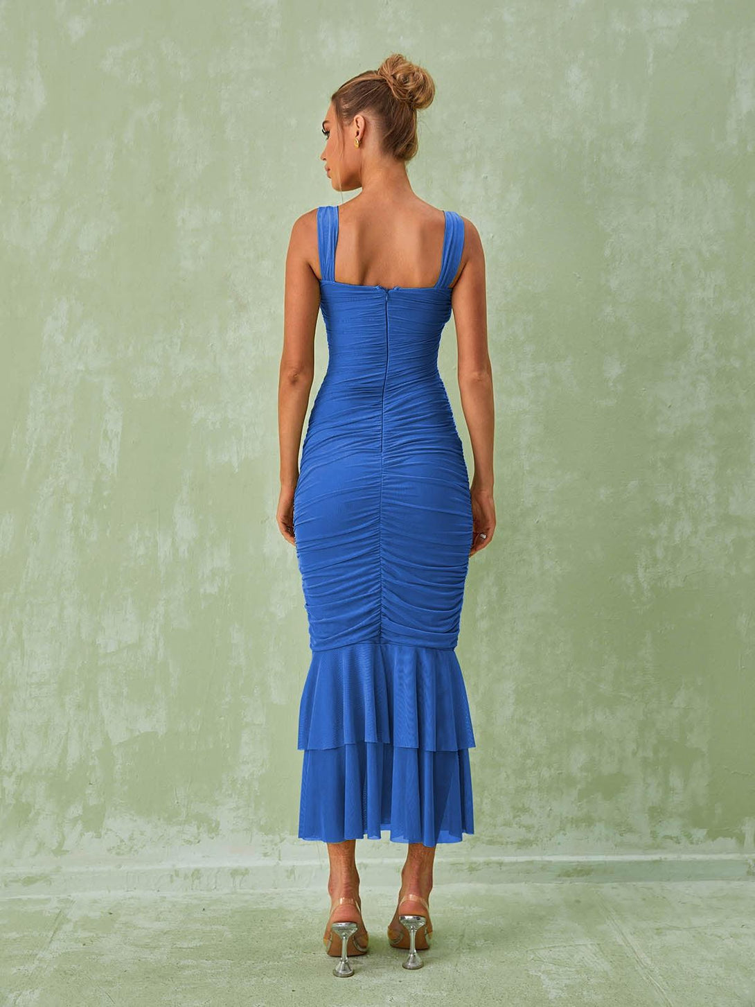 Eri Ruched Mesh Maxi Dress In Blue - Mew Mews Fashion