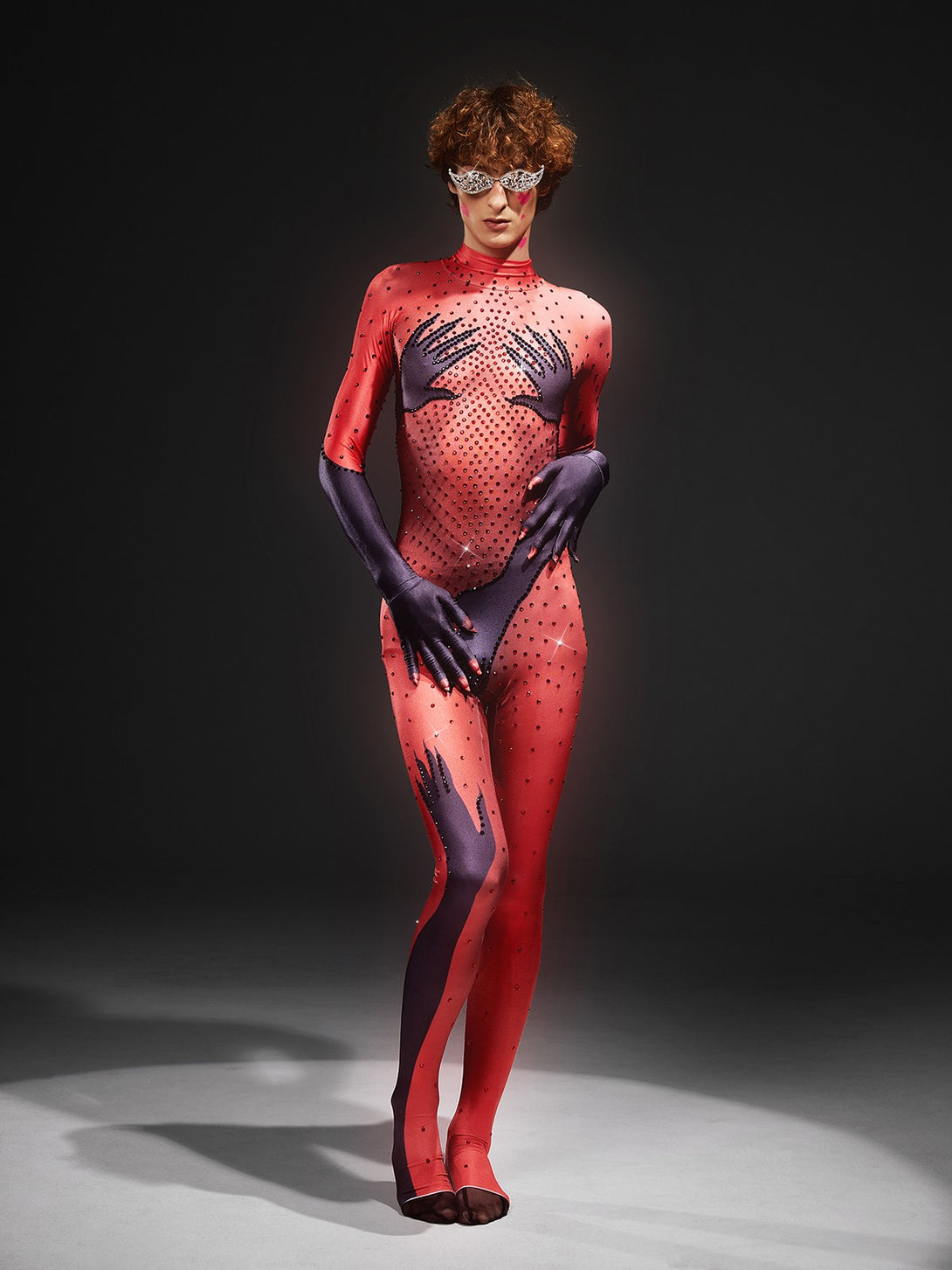 Esau Hands Printed Rhinestone Gloves Jumpsuit In Red - Mew Mews