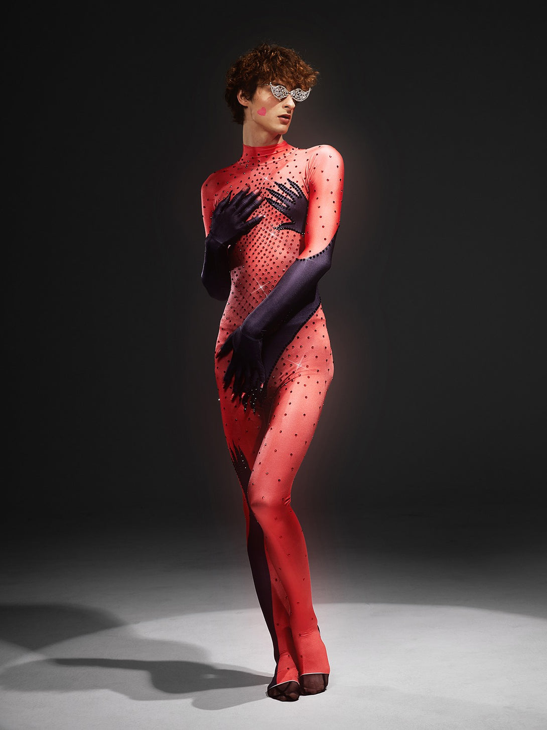 Esau Hands Printed Rhinestone Gloves Jumpsuit In Red - Mew Mews