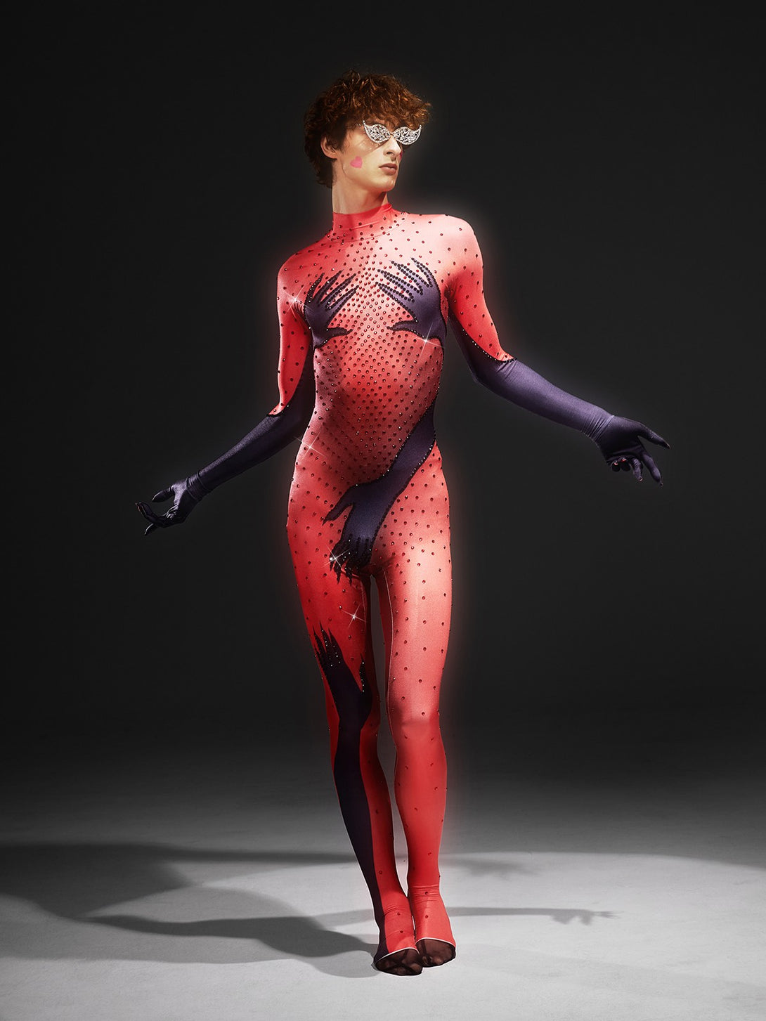 Esau Hands Printed Rhinestone Gloves Jumpsuit In Red - Mew Mews