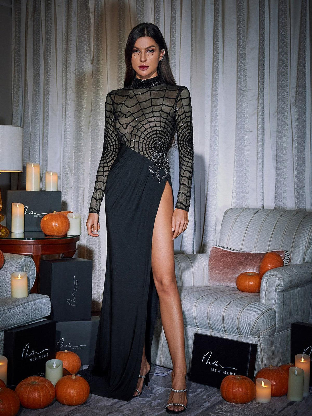 Esmeree Long Sleeve Cobweb Sequin Split Dress - Mew Mews