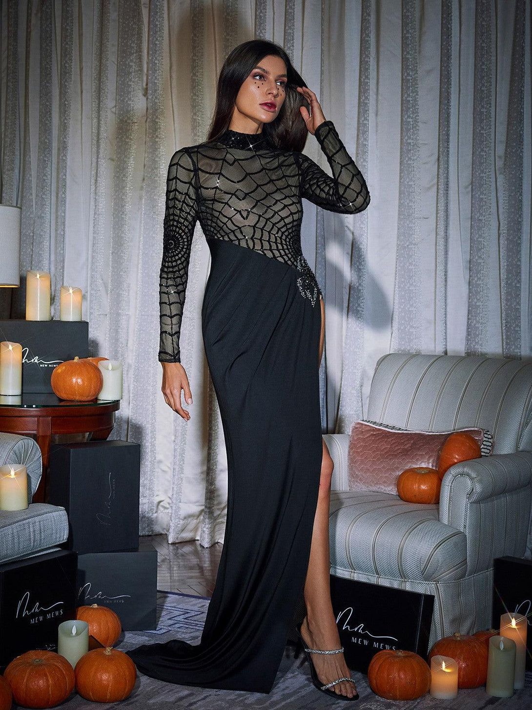 Esmeree Long Sleeve Cobweb Sequin Split Dress - Mew Mews