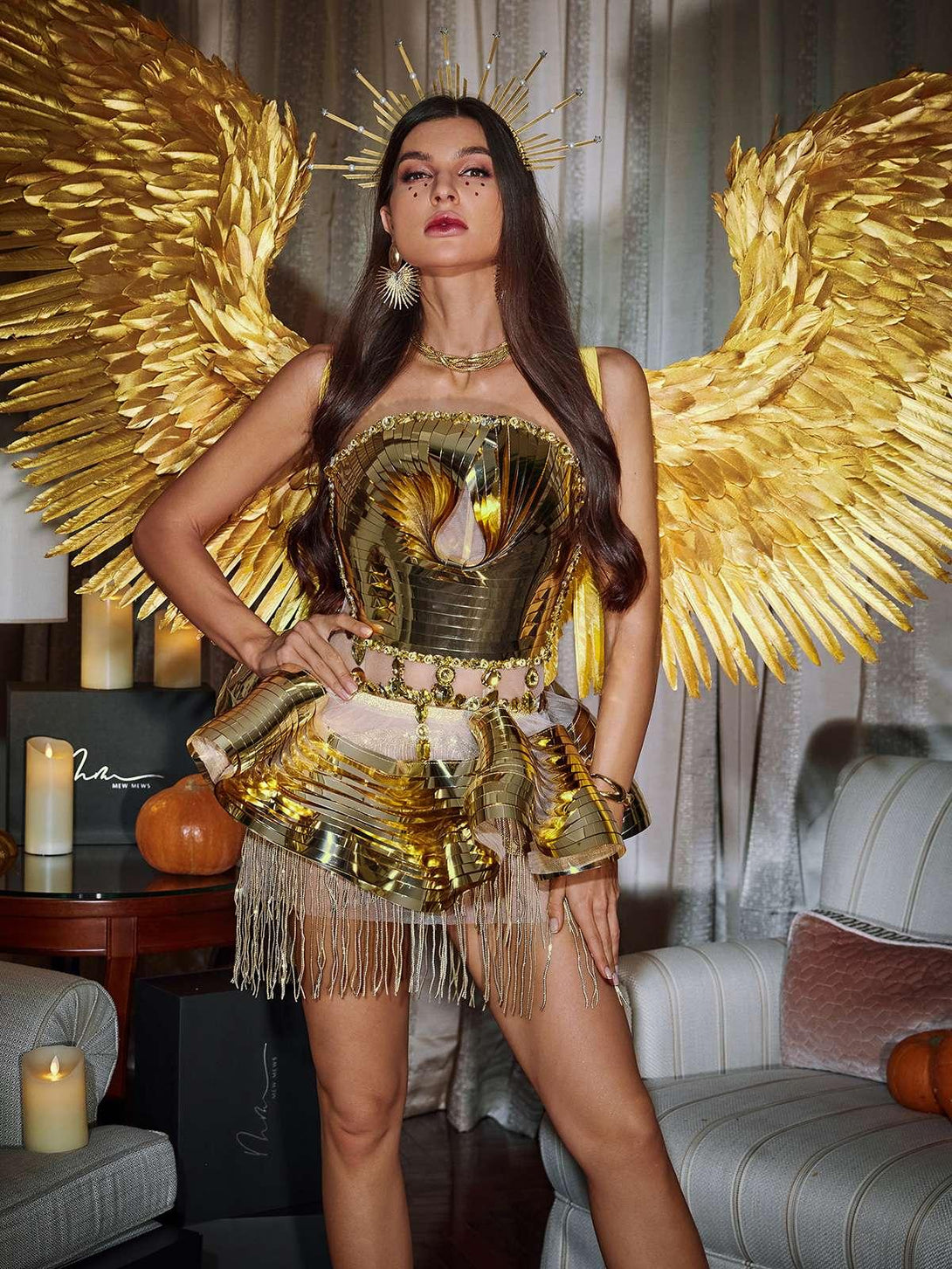 Jahdiel Crystal Fringe Metallic Skirt Set In Gold - Mew Mews