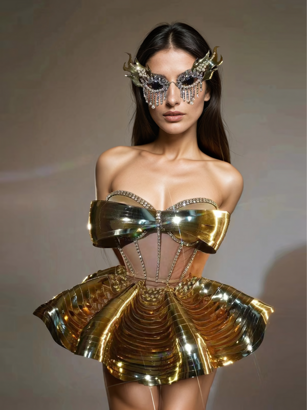 Kretska Crystal Metallic Skirt Set In Gold