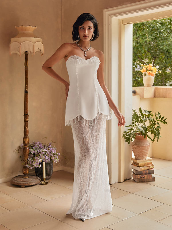 Kristy Strapless Fringe Lace Maxi Dress