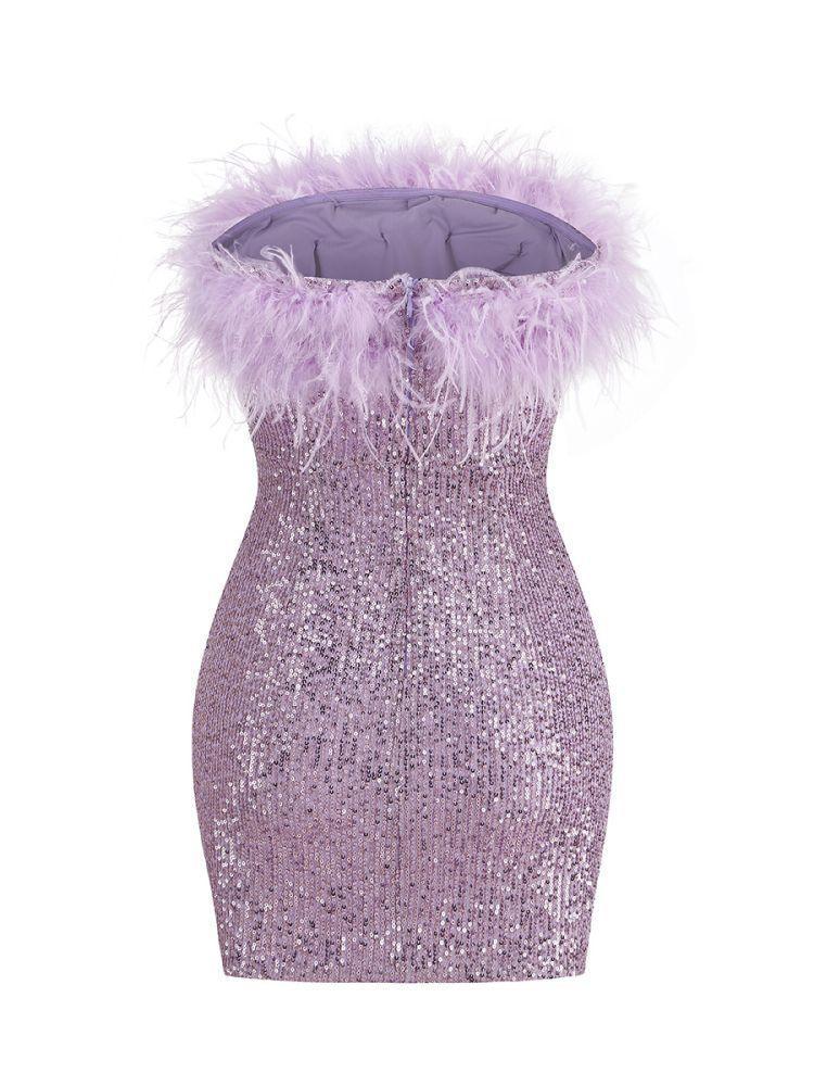 Marin Strapless Feather Sequin Mini Dress In Violet - Mew Mews