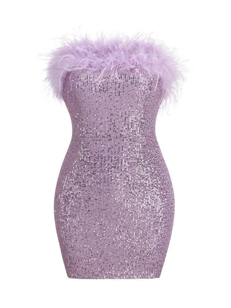 Marin Strapless Feather Sequin Mini Dress In Violet - Mew Mews