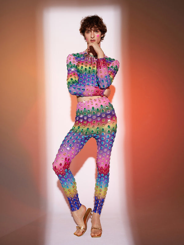 Micaiah Long Sleeve Rainbow Rhinestone Pants Set