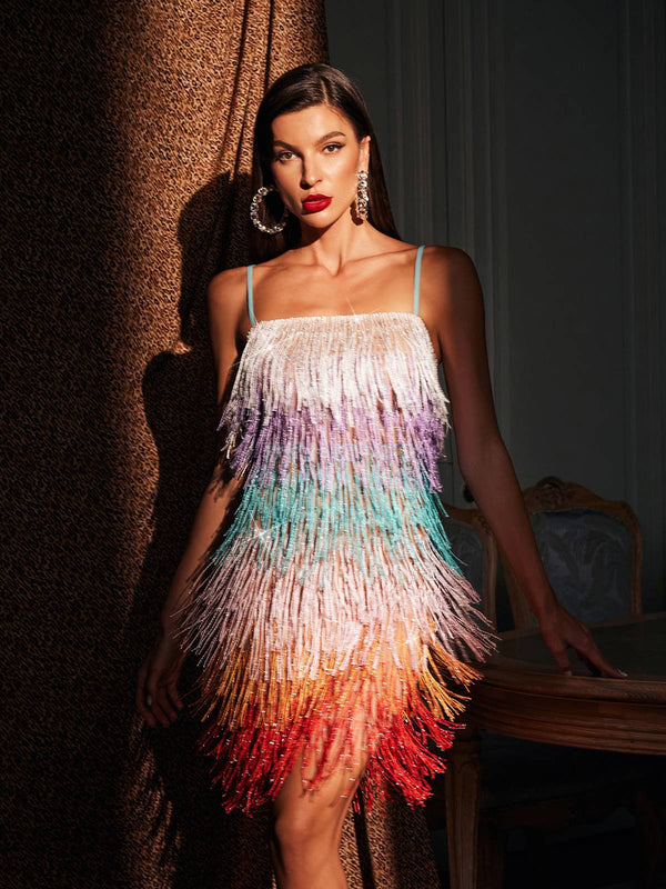 Pamina Spaghetti Glitter Fringe Mini Dress