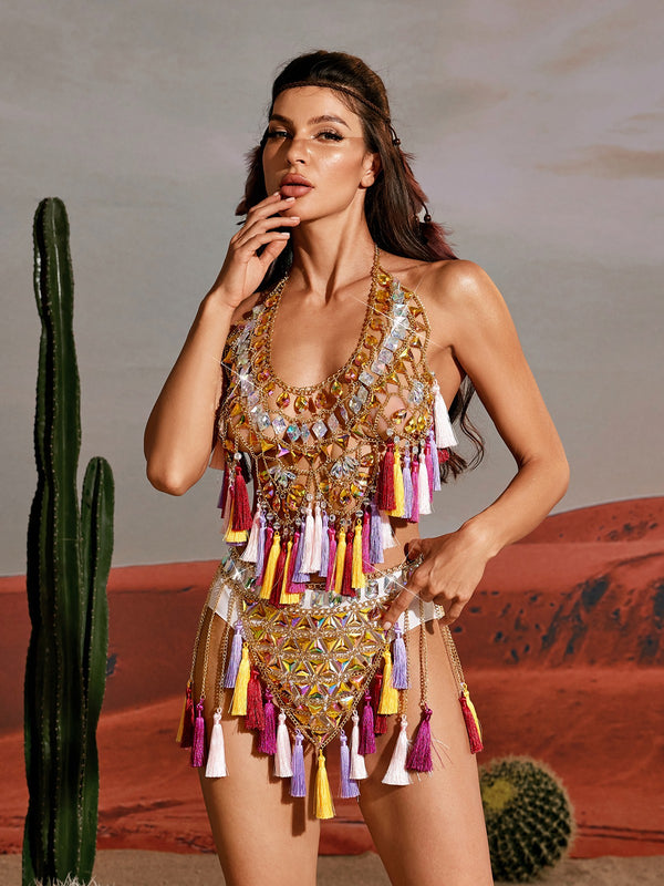 Priyal Rhinestone Fringe Body Chain Skirt Set
