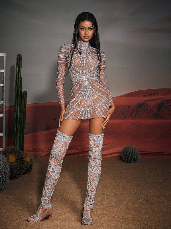 Ruben Long Sleeve Embellished Mesh Mini Dress