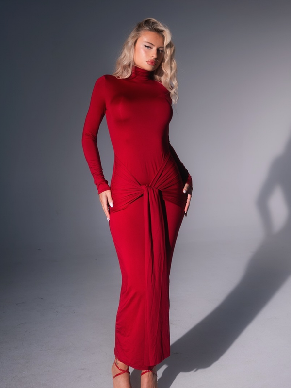 Rumaysa Long Sleeve Twisted Maxi Dress In Red