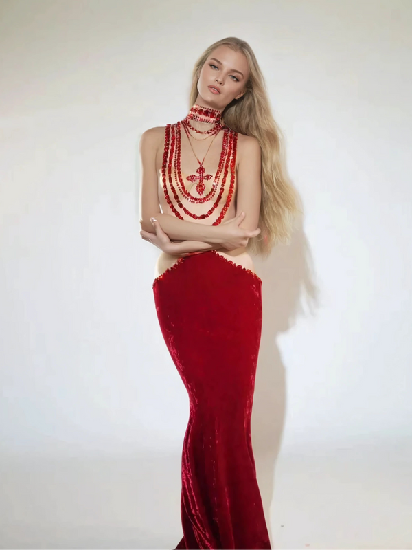 Shelyn Rhinestone Velvet Mermaid Maxi Dress In Red