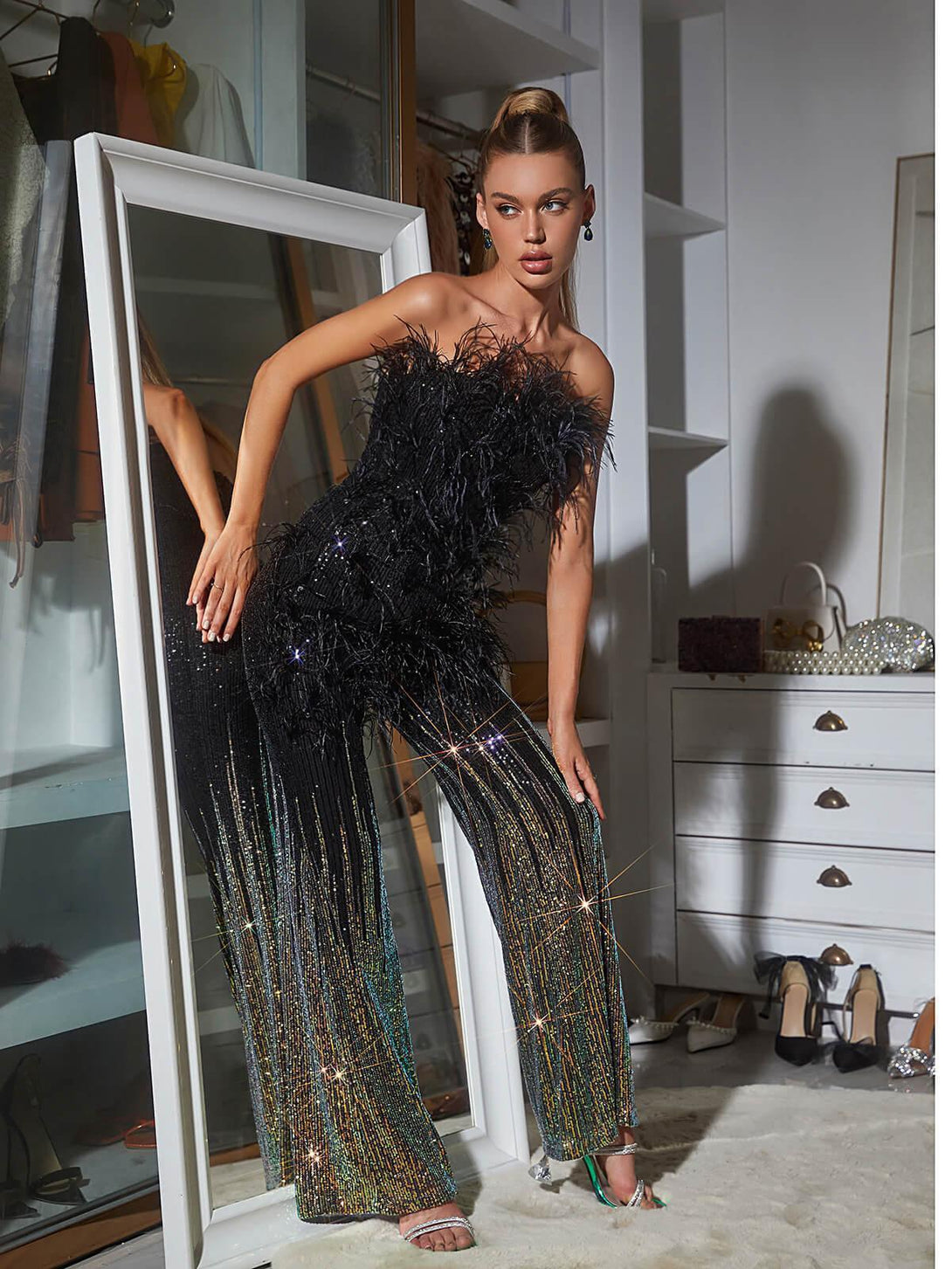 Shiva Ombre Feather Sequin Jumpsuit - Mew Mews