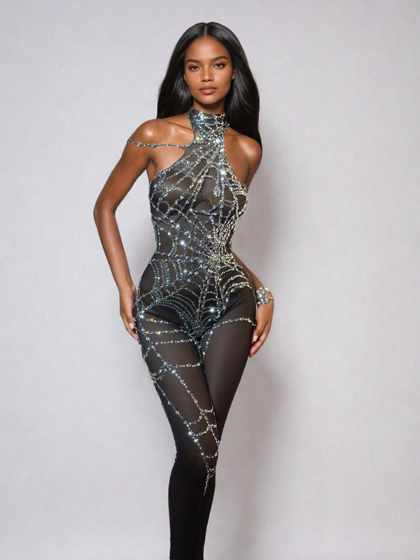 Siesen Cutout Cobweb Rhinestone Mesh Jumpsuit In Black