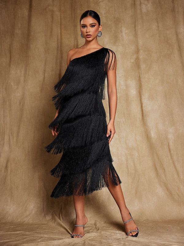 Stiorra One Shoulder Fringe Midi Dress