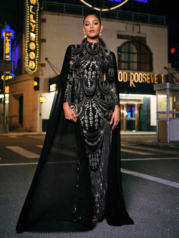 Yuriy Long Sleeve Sequin Draped Maxi Dress