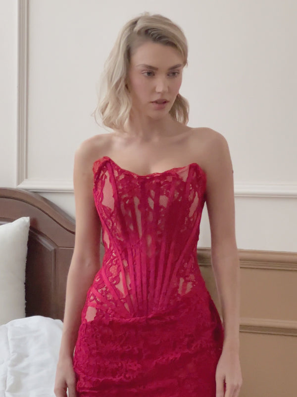 Yolita Strapless Lace Dress In Red