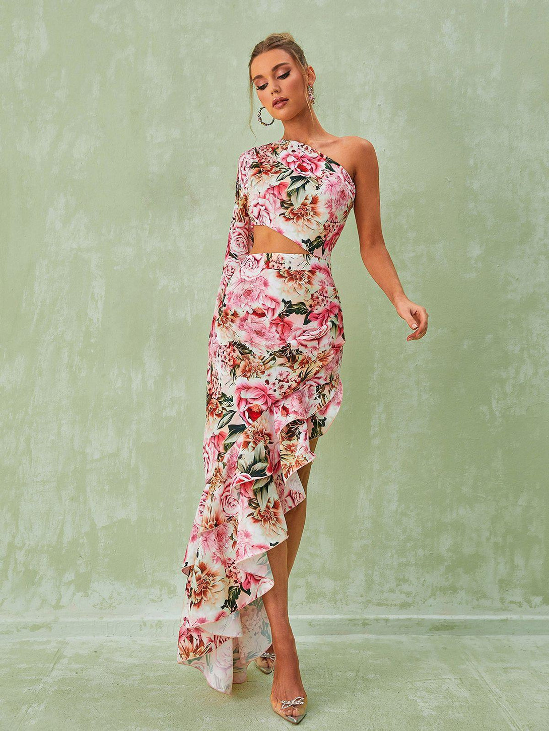 Aiyana One Shoulder Floral Maxi Dress In Pink - Mew Mews Fashion