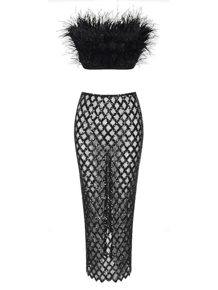 Ansley Strapless Feather Mesh Skirt Set In Black - Mew Mews Fashion