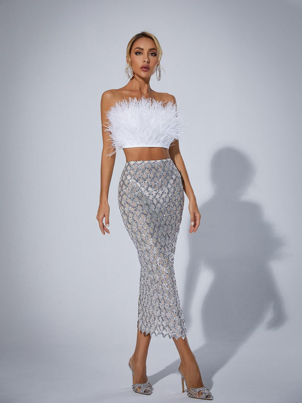 Ansley Strapless Feather Mesh Skirt Set In White - Mew Mews Fashion