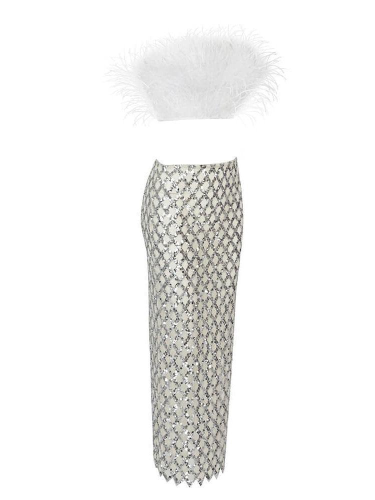 Ansley Strapless Feather Mesh Skirt Set In White - Mew Mews Fashion