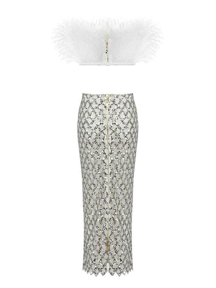 Ansley Strapless Feather Mesh Skirt Set In White - Mew Mews Fashion