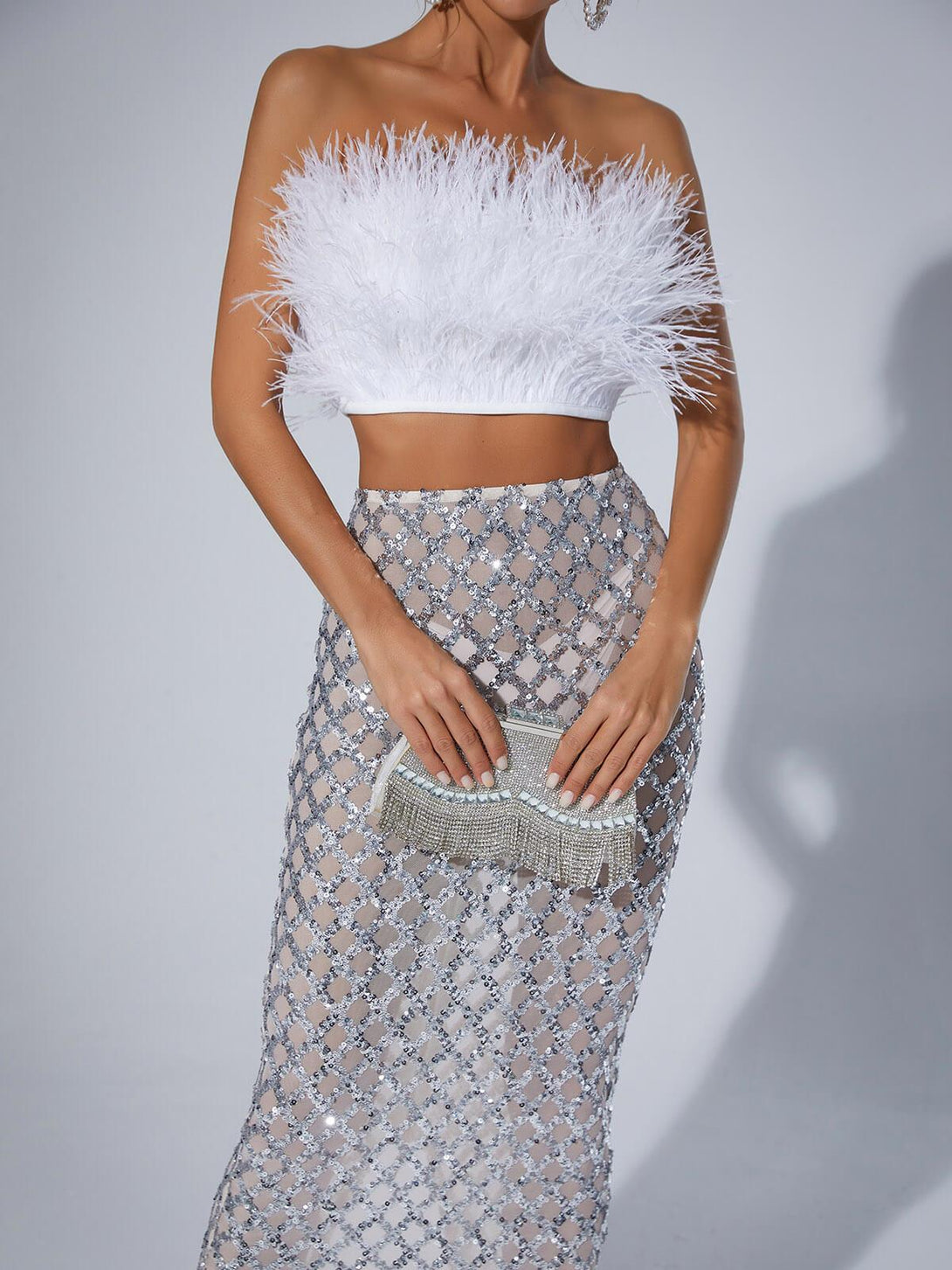 Ansley Strapless Feather Mesh Skirt Set In White - Mew Mews Fashion