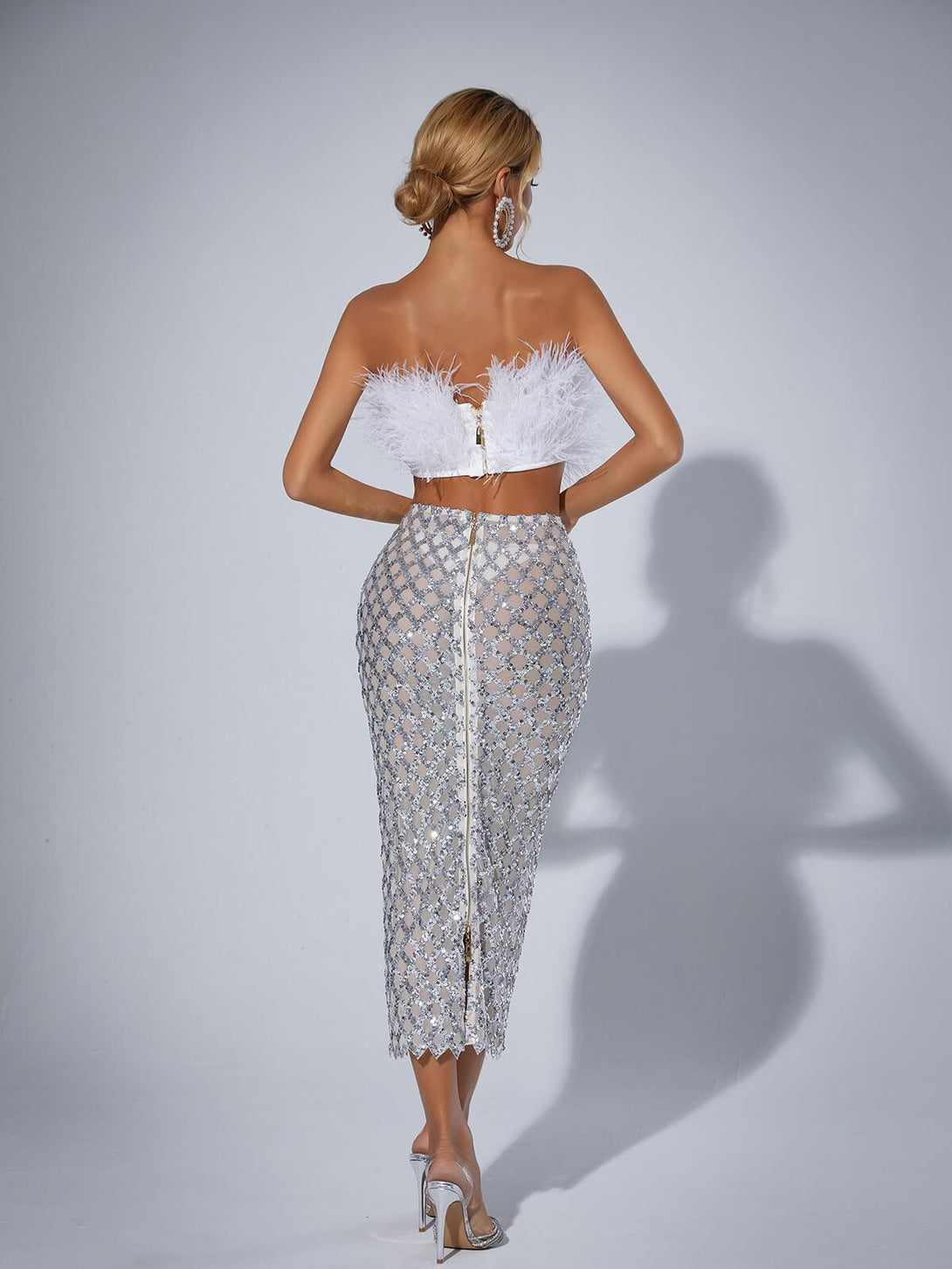 Ansley Strapless Feather Mesh Skirt Set In White - Mew Mews Fashion