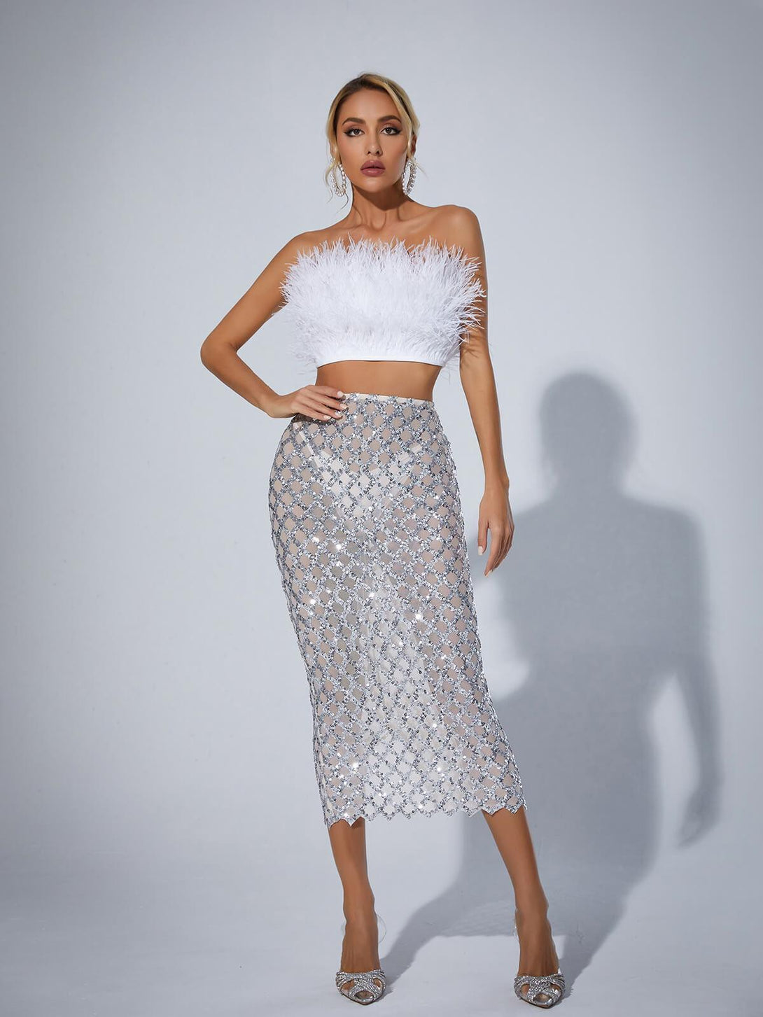 Ansley Strapless Feather Mesh Skirt Set In White - Mew Mews Fashion