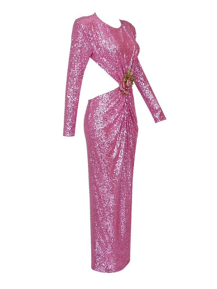 Aviva Long Sleeve Cutout Sequin Maxi Dress In Pink - Mew Mews Fashion