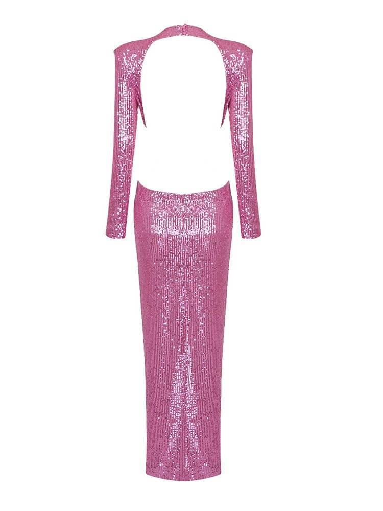 Aviva Long Sleeve Cutout Sequin Maxi Dress In Pink - Mew Mews Fashion