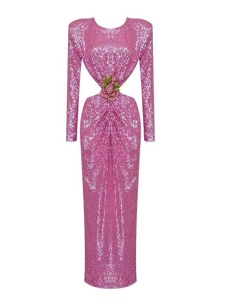 Aviva Long Sleeve Cutout Sequin Maxi Dress In Pink - Mew Mews Fashion