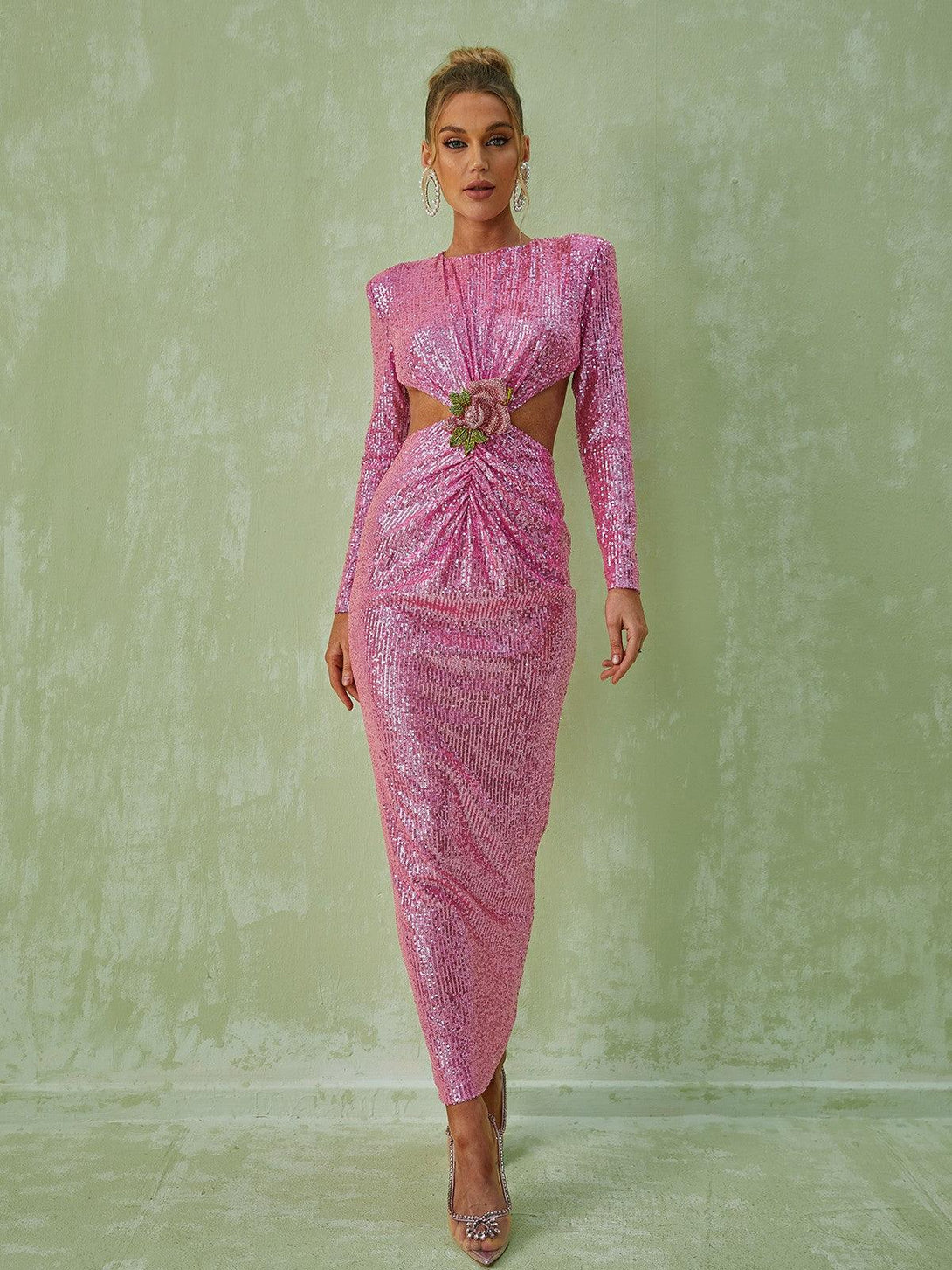 Aviva Long Sleeve Cutout Sequin Maxi Dress In Pink - Mew Mews Fashion