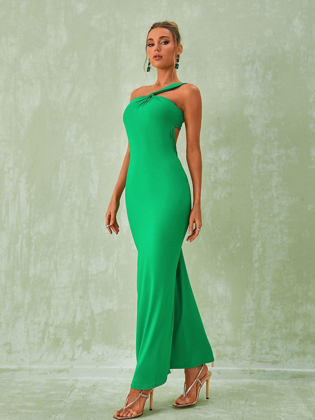 Emi One Shoulder Backless Maxi Dress In Green - Mew Mews Fashion