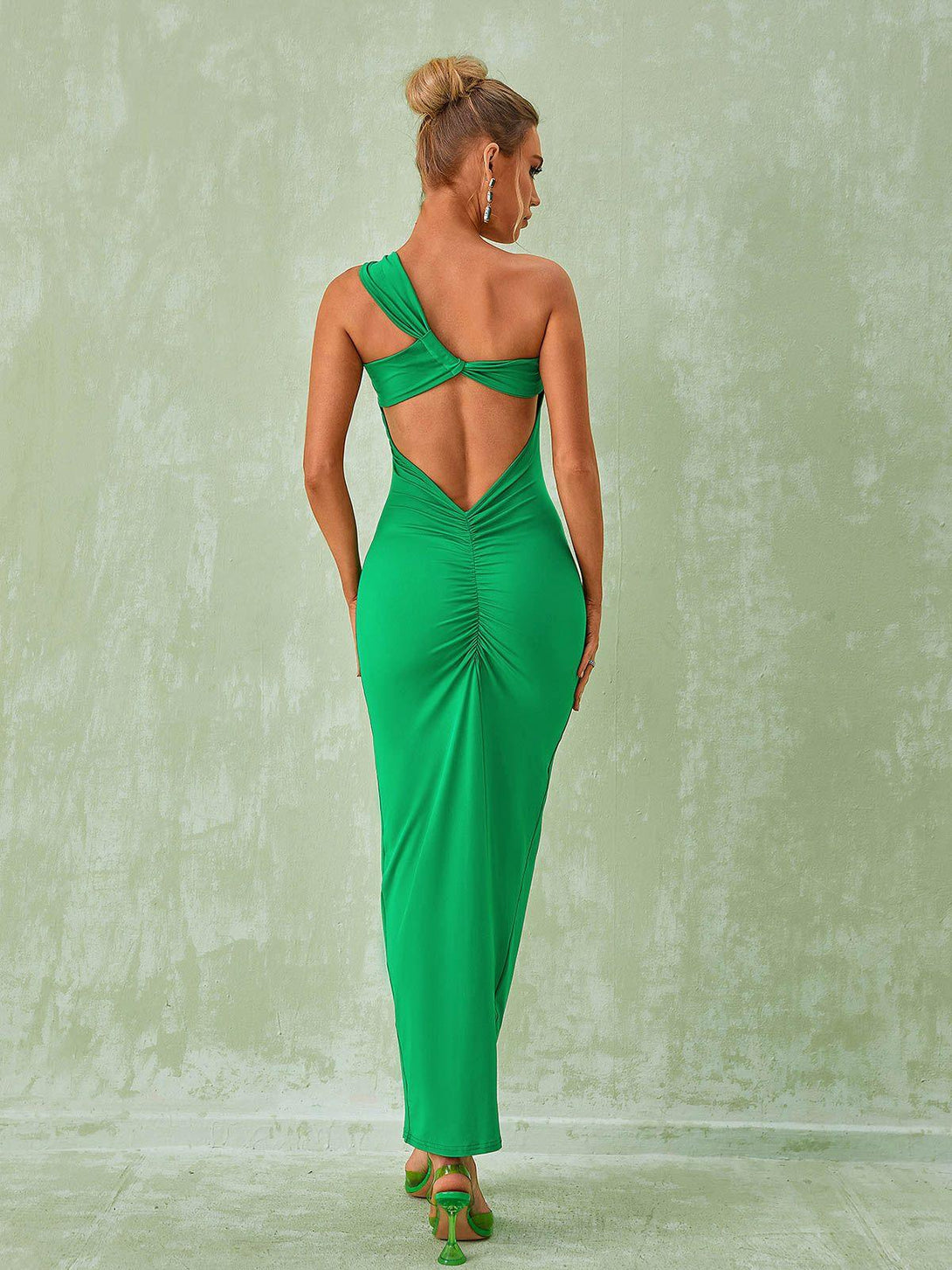 Emi One Shoulder Backless Maxi Dress In Green - Mew Mews Fashion