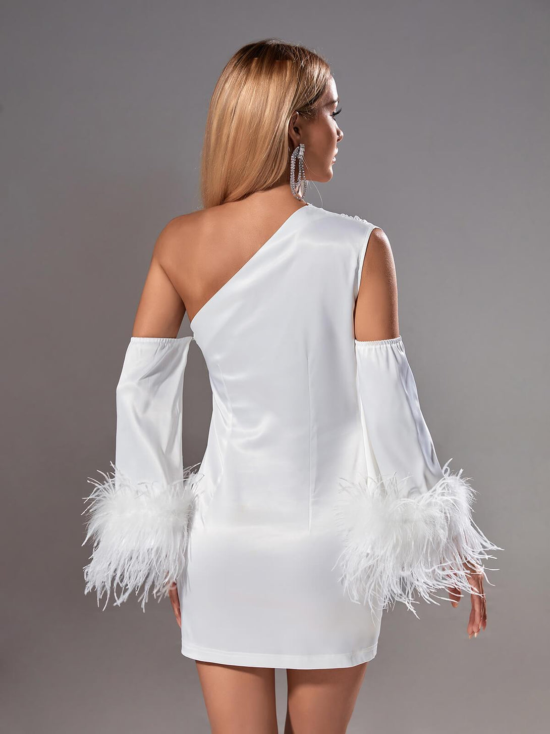 Klara Satin Feather Trimmed Mini Dress In White - Mew Mews