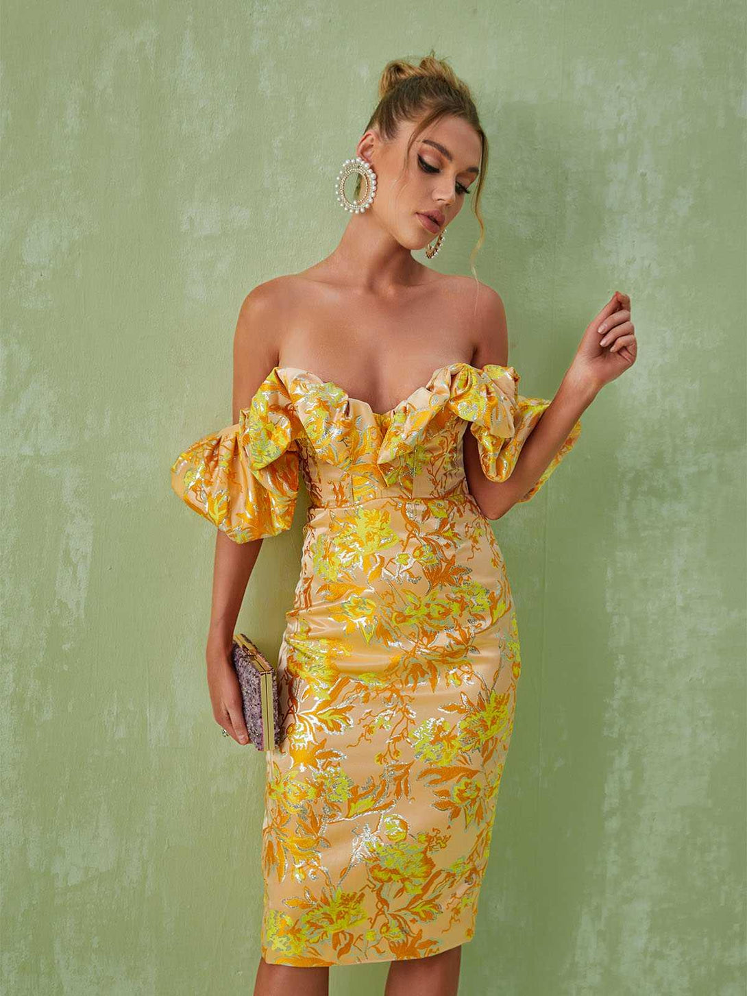 Kore Off Shoulder Jacquard Midi Dress - Mew Mews Fashion