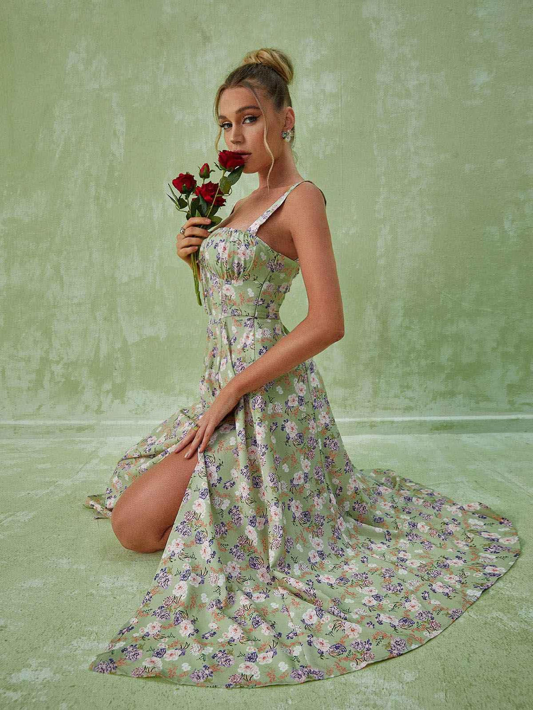 Maire Floral Split Midi Dress In Green - Mew Mews Fashion